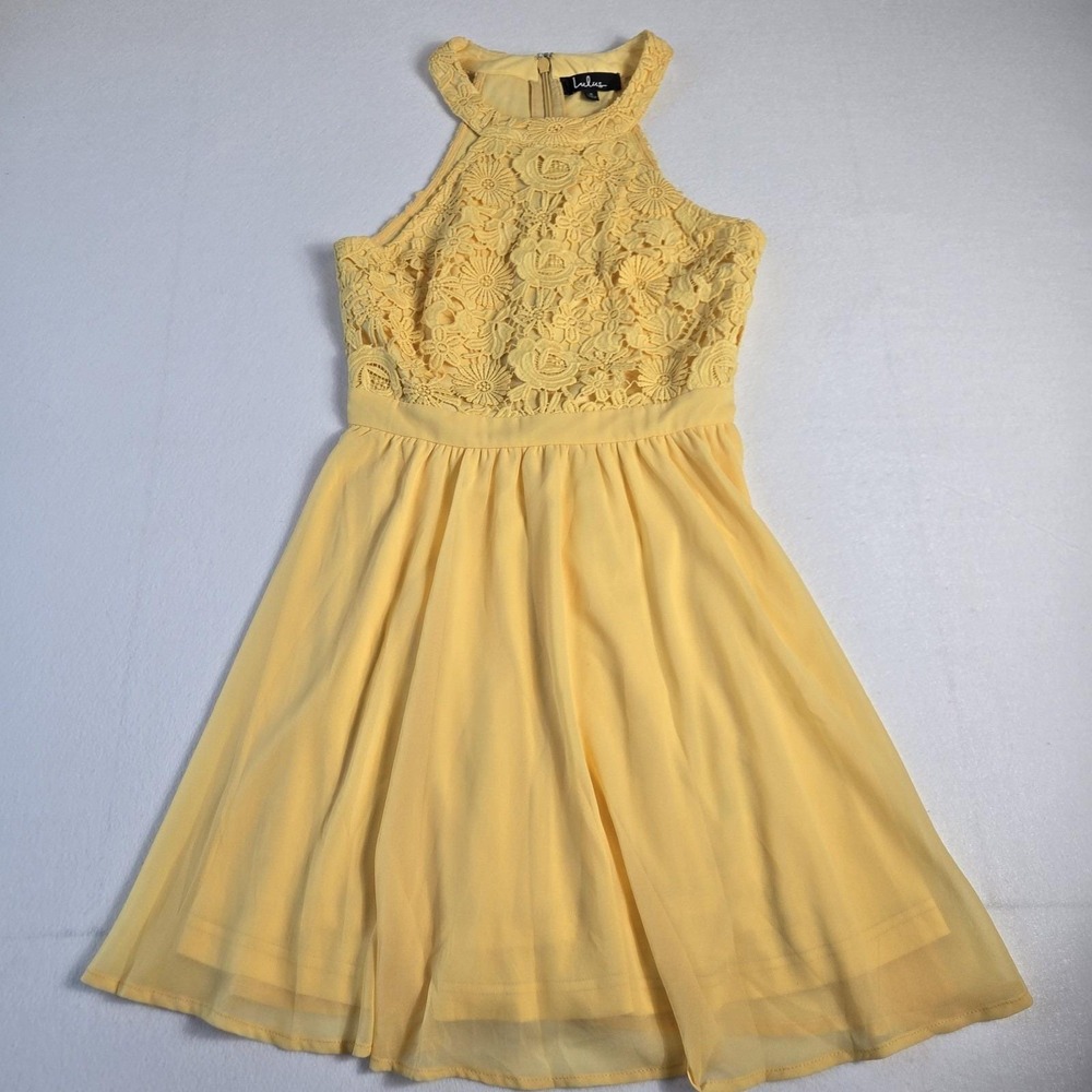 Lulus Lace Halter Mini Dress Womens Small Yellow Excellent Crochet Chiffon (D6)